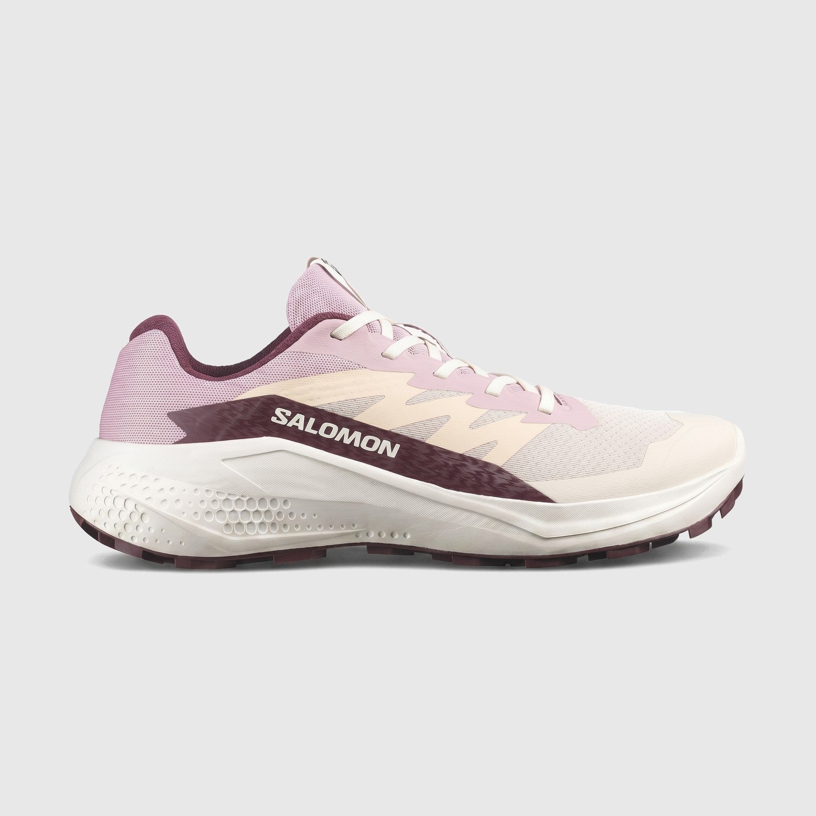 Salomon Alphaglide W ladies sneaker in tapioca with dawn pink mesh and huckleberry accents, side view.