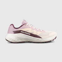 Salomon Alphaglide W ladies sneaker in tapioca with dawn pink mesh and huckleberry accents, side view.
