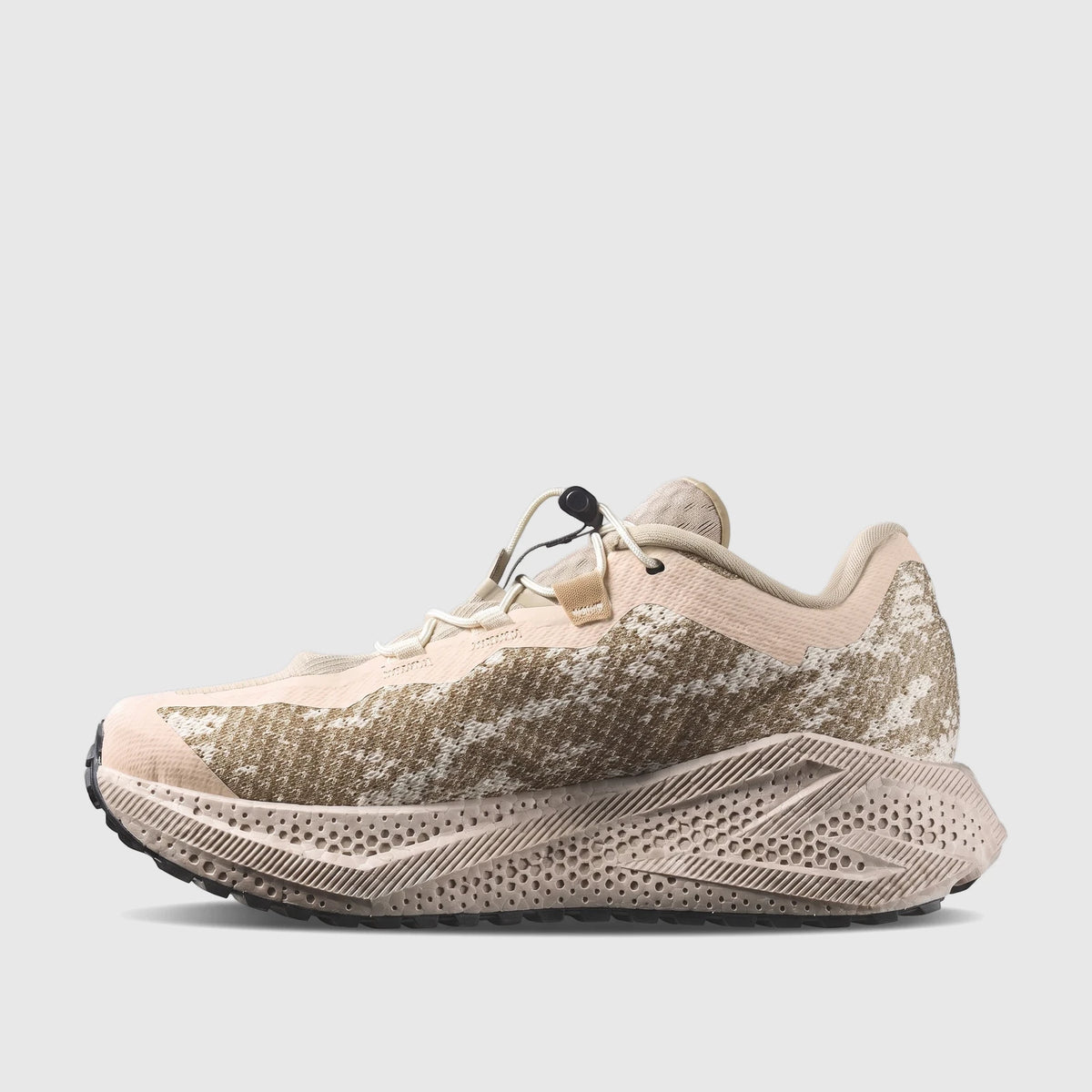 Salomon Ladies Sneaker Aero Glide 4 GRVL 454073 in Tapioca/Desert Tan/Burro, side view, featuring a quick-lacing system.