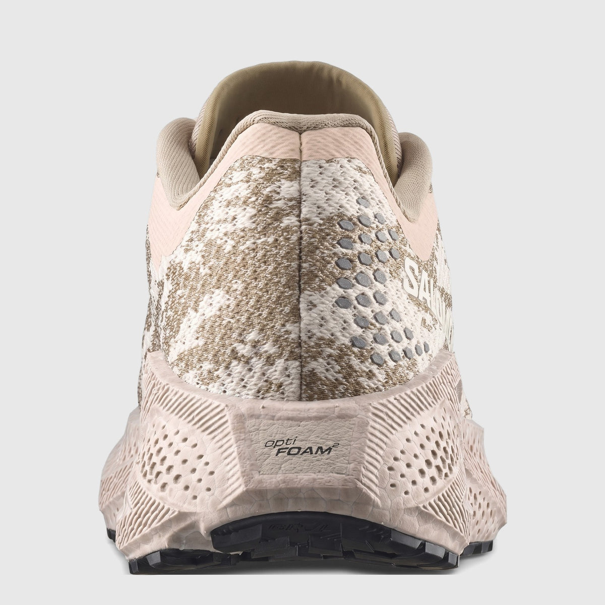 Back view of Salomon Ladies Sneaker Aero Glide 4 GRVL 454073 in tapioca, desert tan, and burro, showing textured upper and