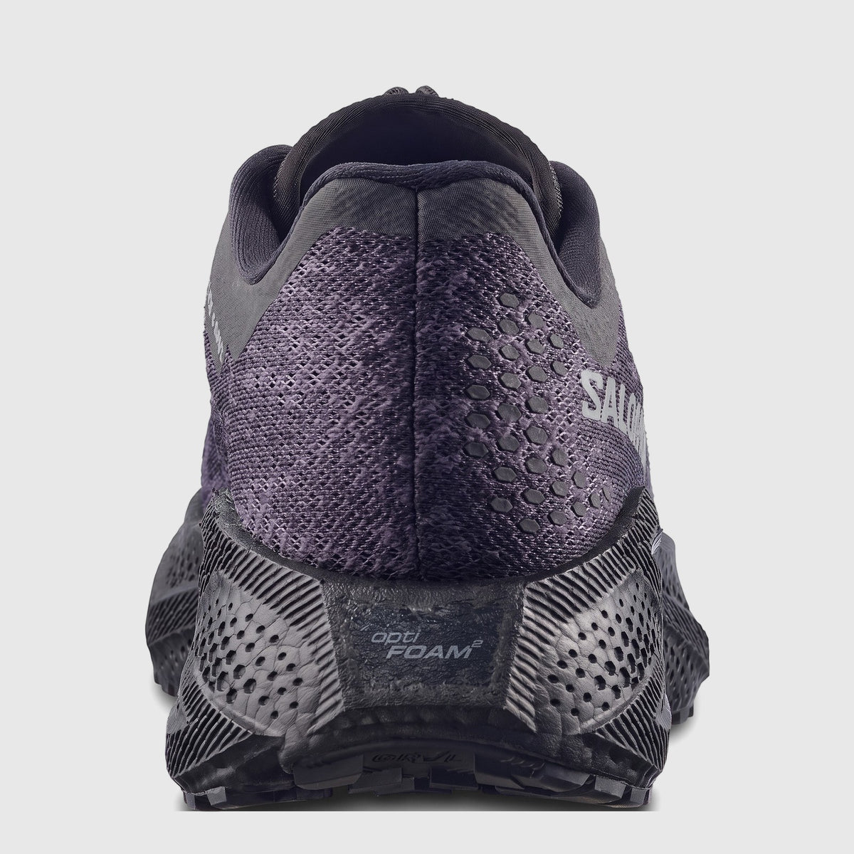 Back view of Salomon Men's Aero Glide 4 GRVL running sneaker in black and dark grey, featuring a textured mesh upper and