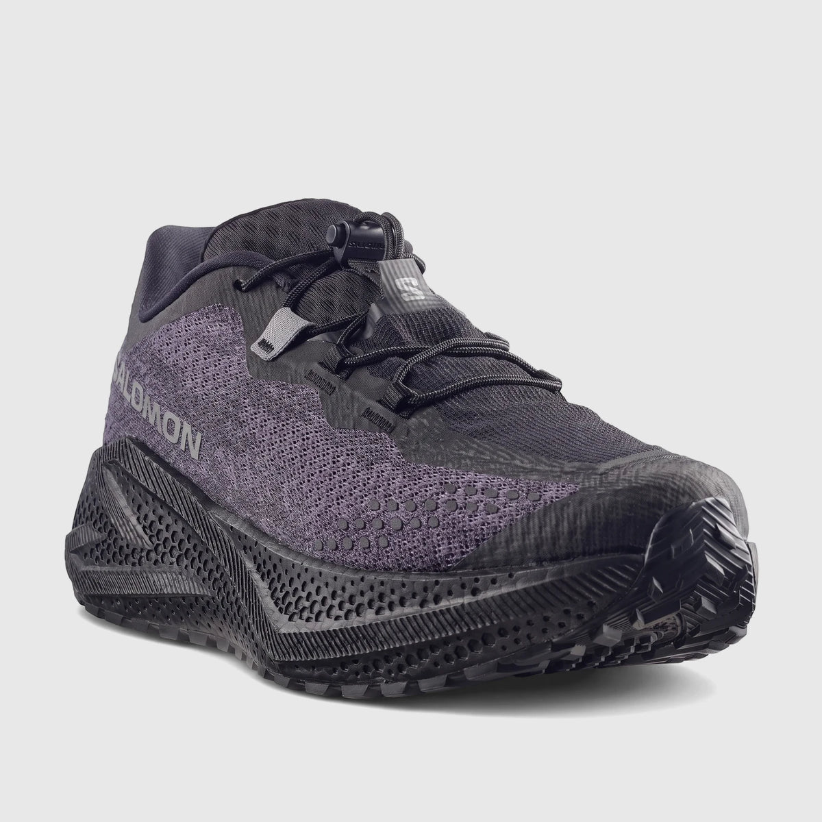 Salomon Men's Sneaker Aero Glide 4 GRVL 491744, a black and asphalt trail running shoe, viewed from a slight angle.