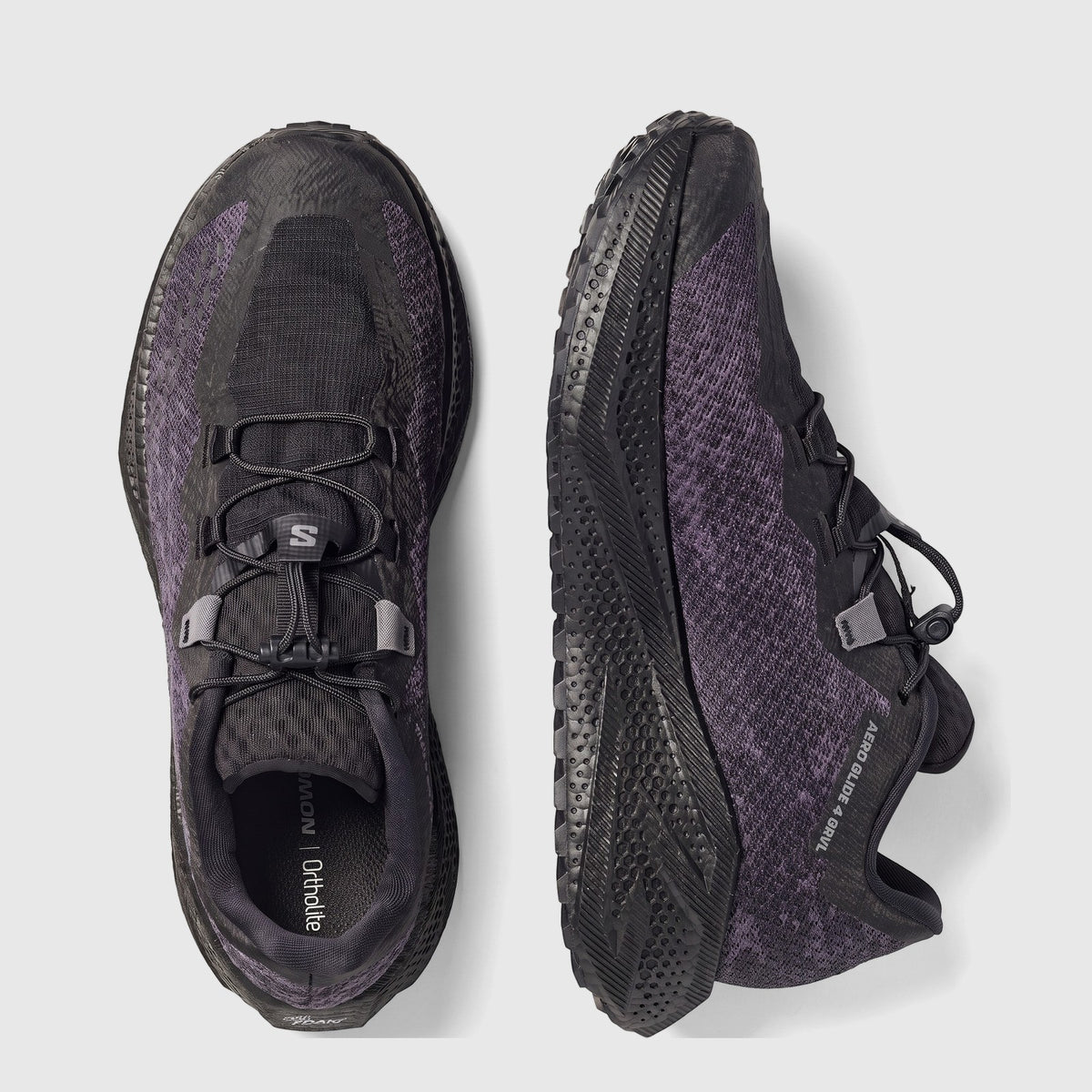 Salomon Men's Aero Glide 4 GRVL sneakers in black and purple, shown from top-down and side views on a a white background.