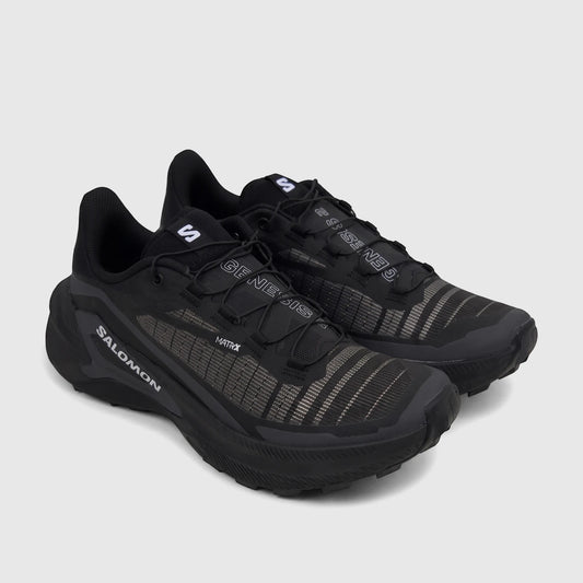 Black Salomon Men's Sneaker Genesis 2 trail running shoe, with white logos, textured sole, and mesh upper, shown from the