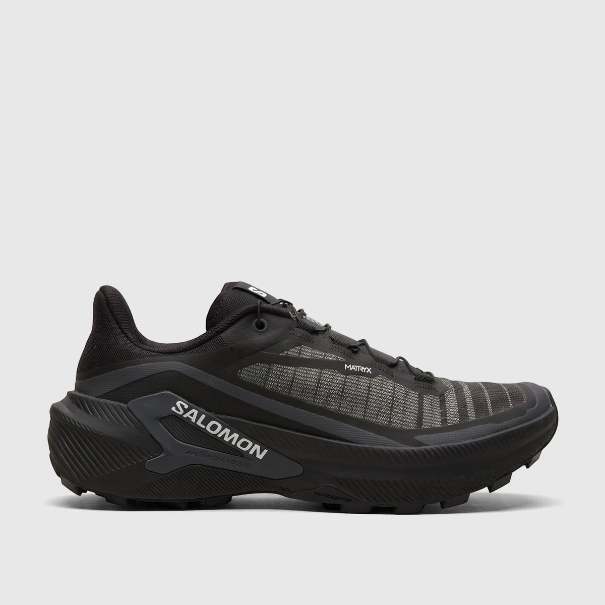 Black Salomon Men's Sneaker Genesis 2 trail running shoe, with white logos, textured sole, and mesh upper, shown from the
