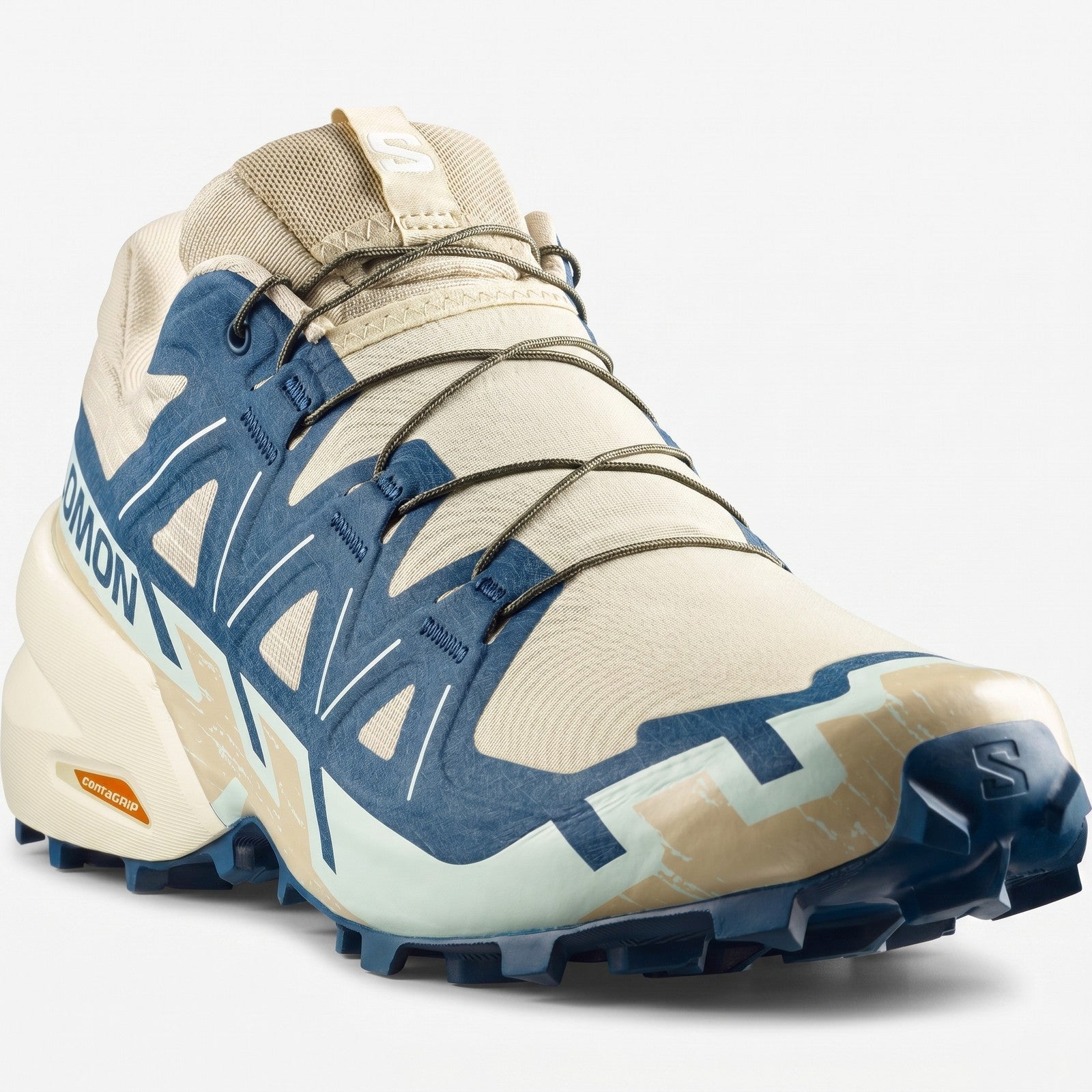 Salomon Men's Sneaker Speedcross 6 in Bog and Gibraltar Sea with Clearly Aqua accents, angled close-up trail shoe