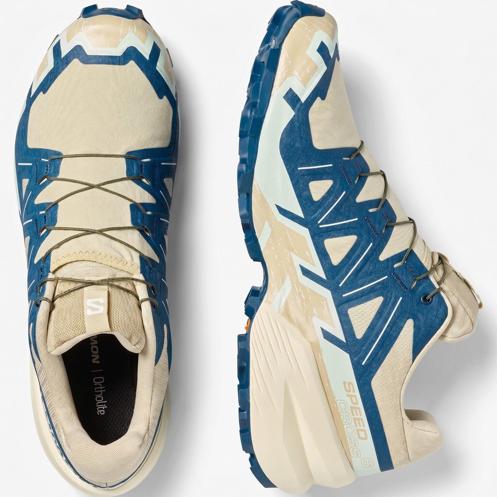 Salomon Men's Speedcross 6 sneaker in bog and gibraltar sea with aqua accents, shown in top and side view.