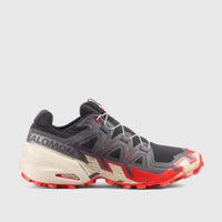 Salomon Men's Speedcross 6 trail running sneaker in black, fiery red, and almond milk, shown in a side view.