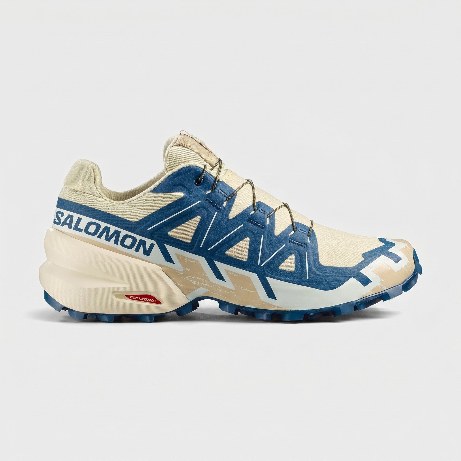 Salomon Men's Speedcross 6 sneaker in bog and gibraltar sea colors, side view with mesh upper and lugged sole.