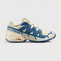 Salomon Men's Speedcross 6 sneaker in bog and gibraltar sea colors, side view with mesh upper and lugged sole.