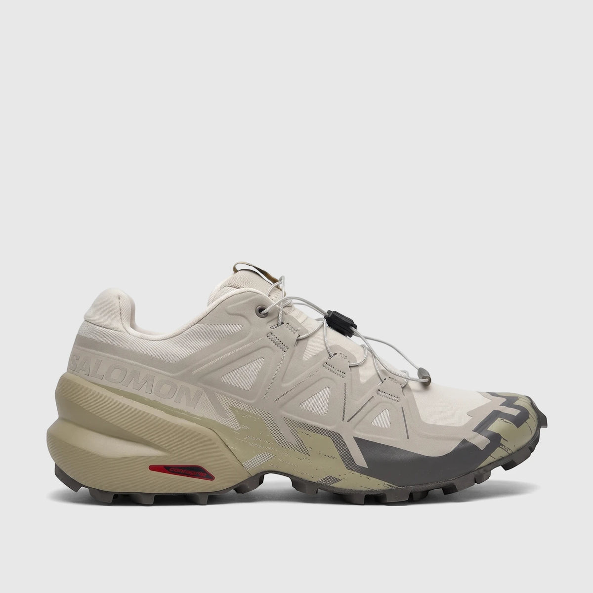 Salomon Men's Speedcross 6 sneaker in silver cloud, paloma, and slate green, featuring a quick-lacing system, shown from the