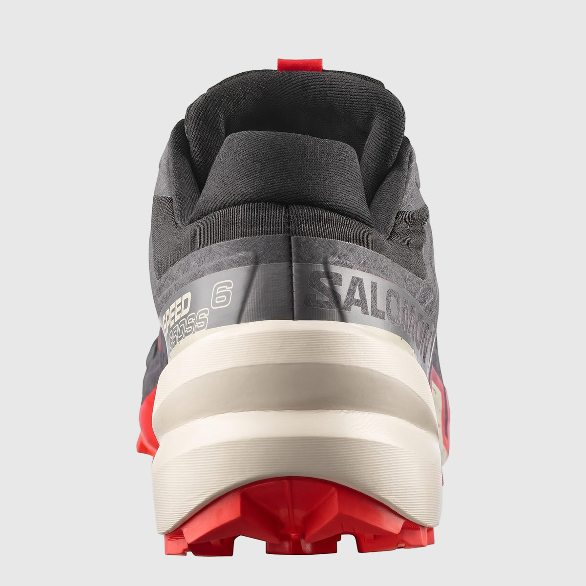 Salomon Men's Speedcross 6 L49225100 trail running sneaker in black, fiery red, and almond milk, shown from the back.