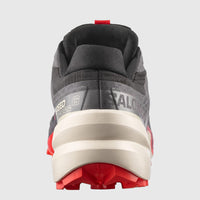 Salomon Men's Speedcross 6 L49225100 trail running sneaker in black, fiery red, and almond milk, shown from the back.