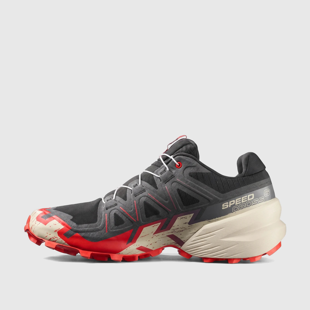 Salomon Men's Speedcross 6 trail running sneaker in black, fiery red, and almond milk, shown in a side profile.