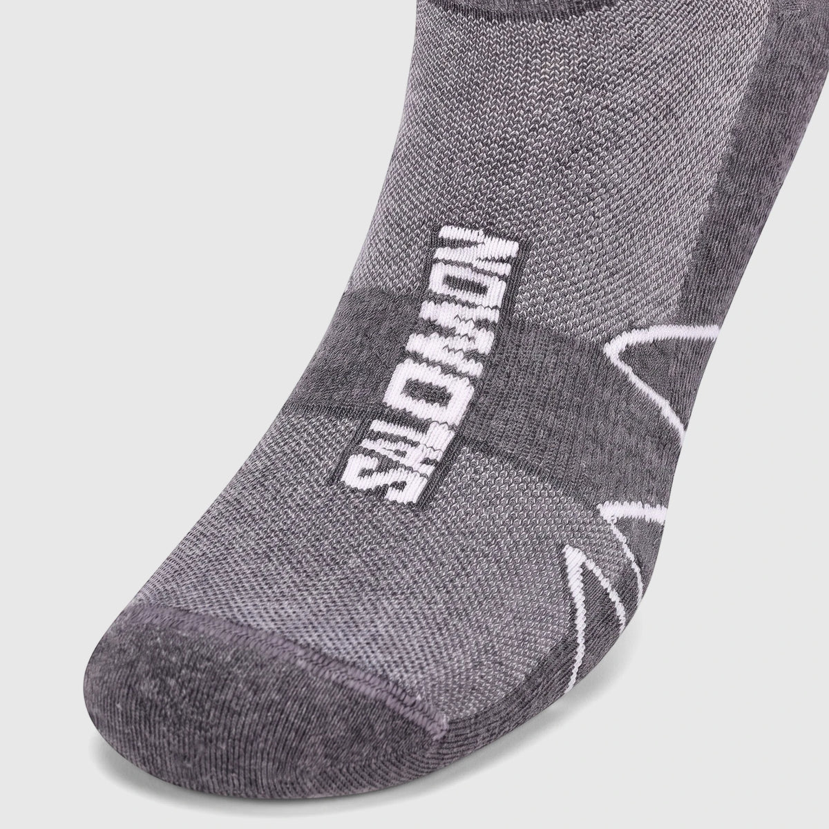Close-up of a single grey Salomon Men's SUO 0605 Xa Sonic Sock in Tetras Mel/Glacier Grey, featuring the white logo and