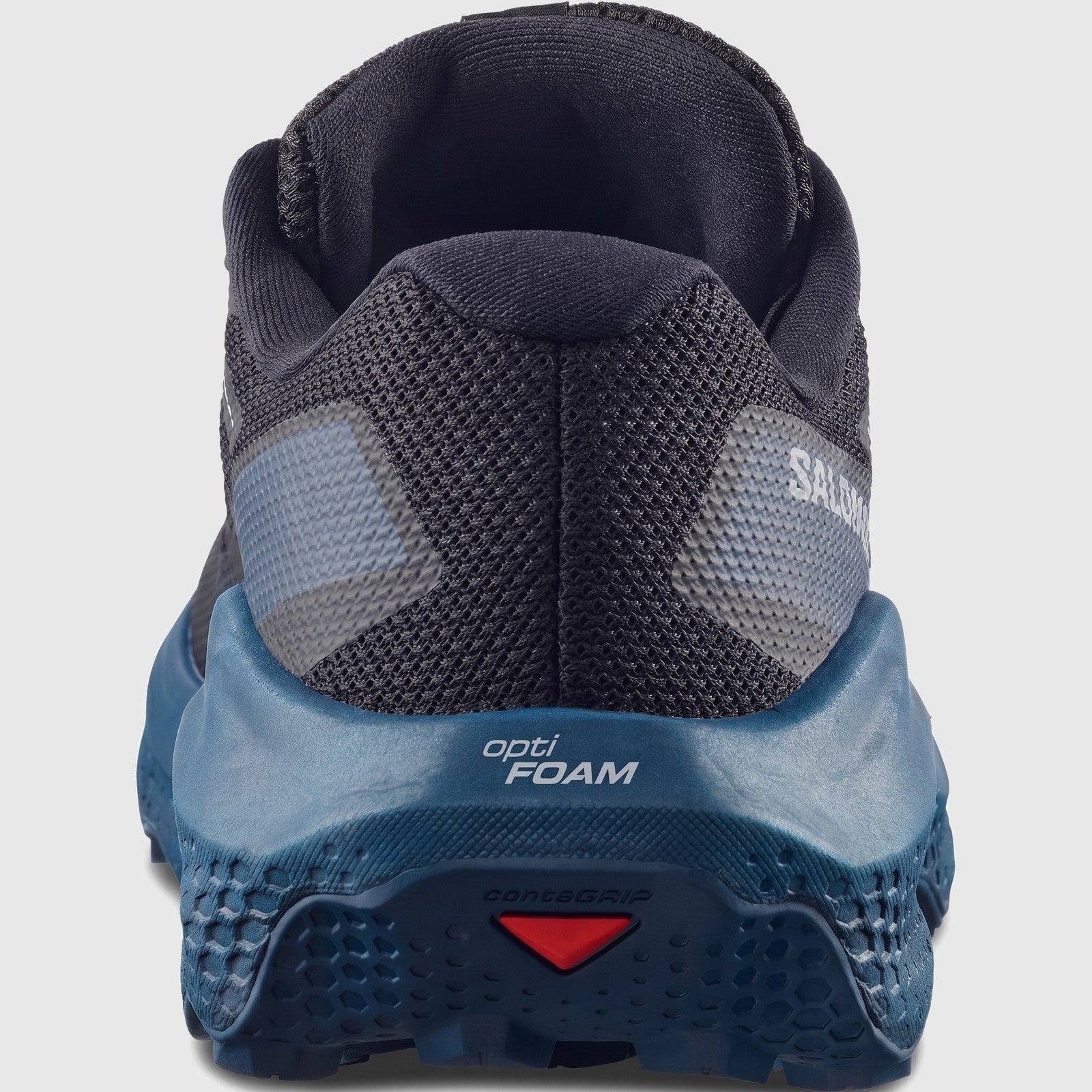 Rear view of Salomon Men's Sneaker Ultra Flow 2 492216 in black mesh with blue optiFOAM heel midsole