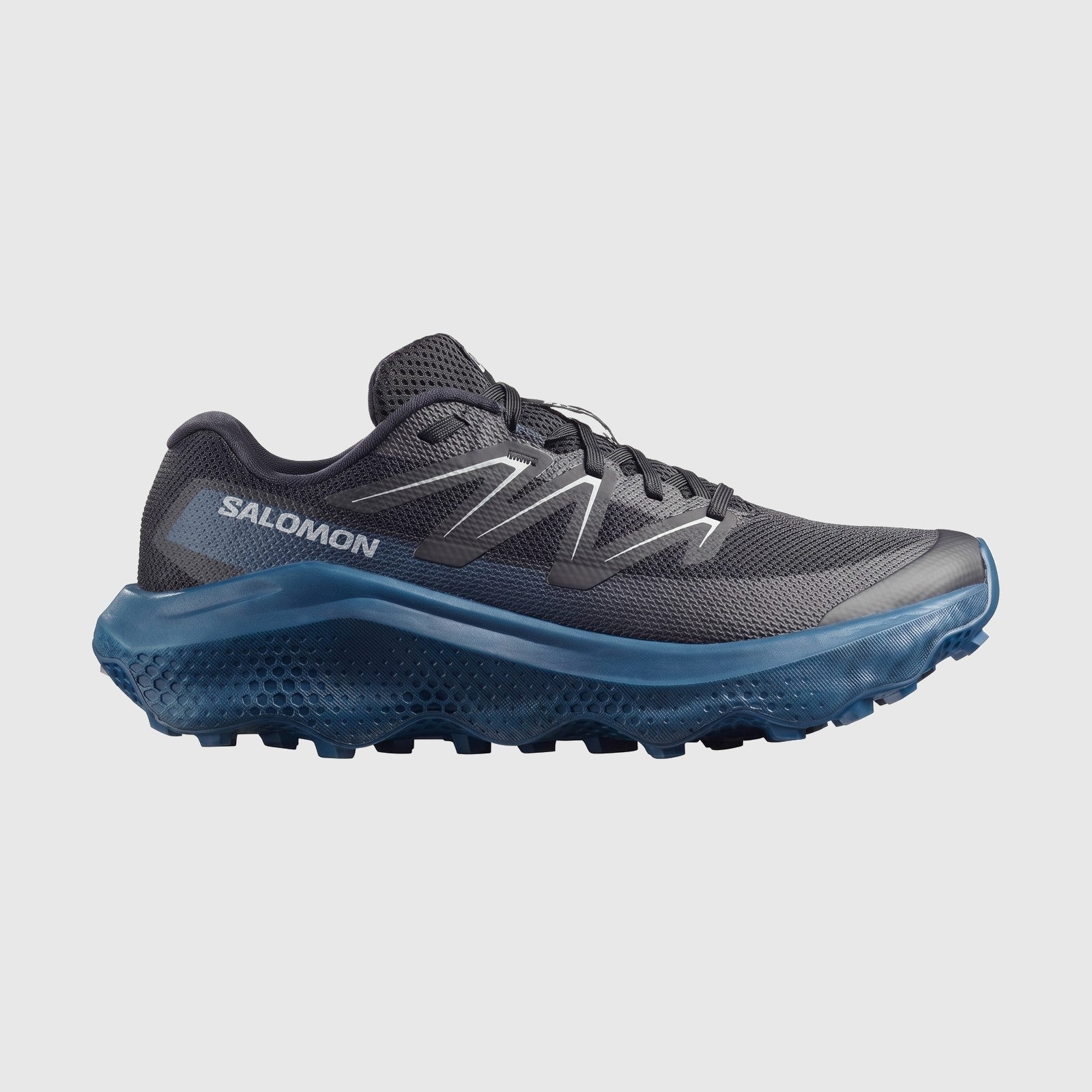Salomon Men's Sneaker Ultra Flow 2 in black and gray mesh, side view with blue cushioned sole and laces.
