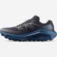 Salomon Men's Sneaker Ultra Flow 2 in black mesh with blue midsole, side view of low-top running shoe.