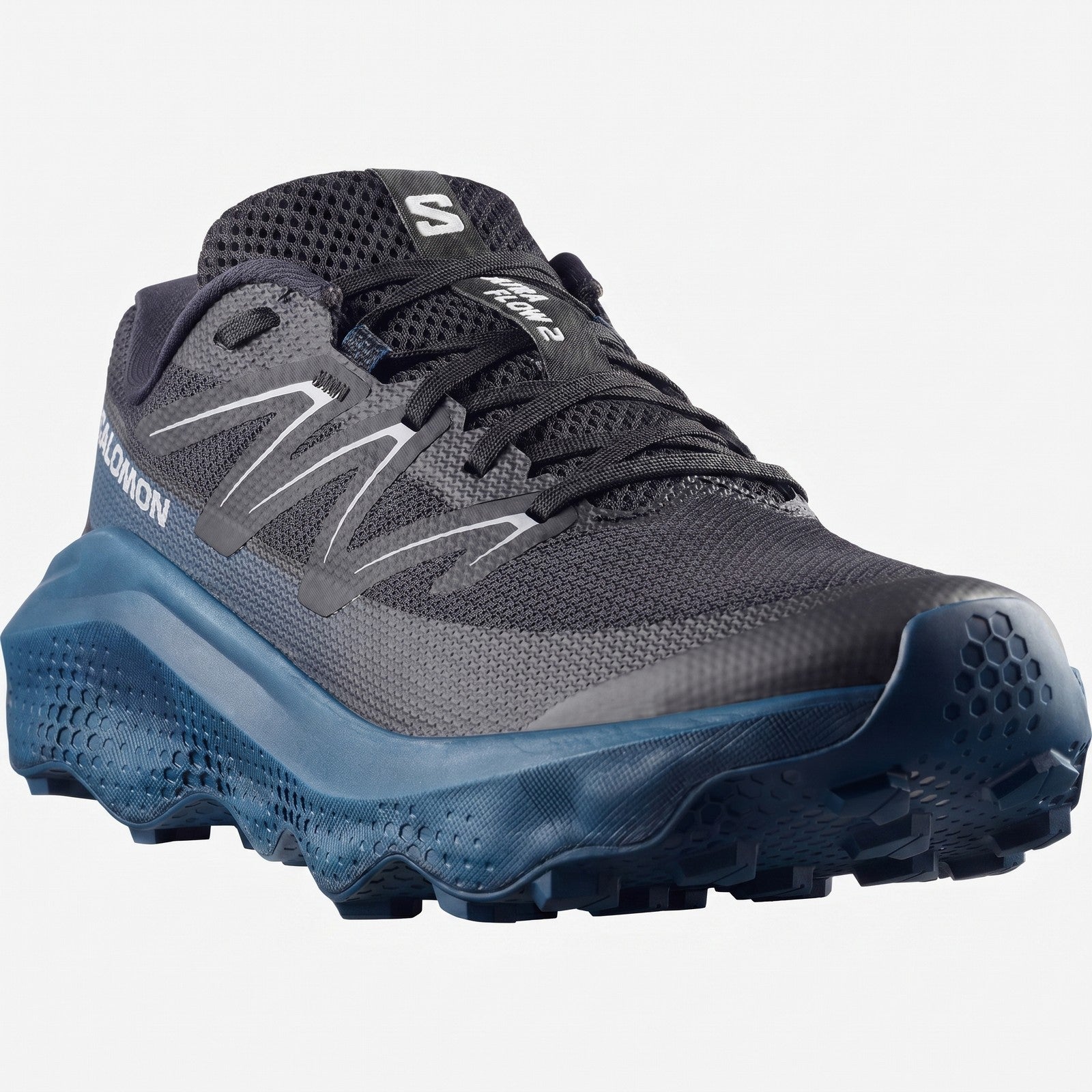 Salomon Men's Sneaker Ultra Flow 2 in black and gray mesh with blue midsole, angled front view.