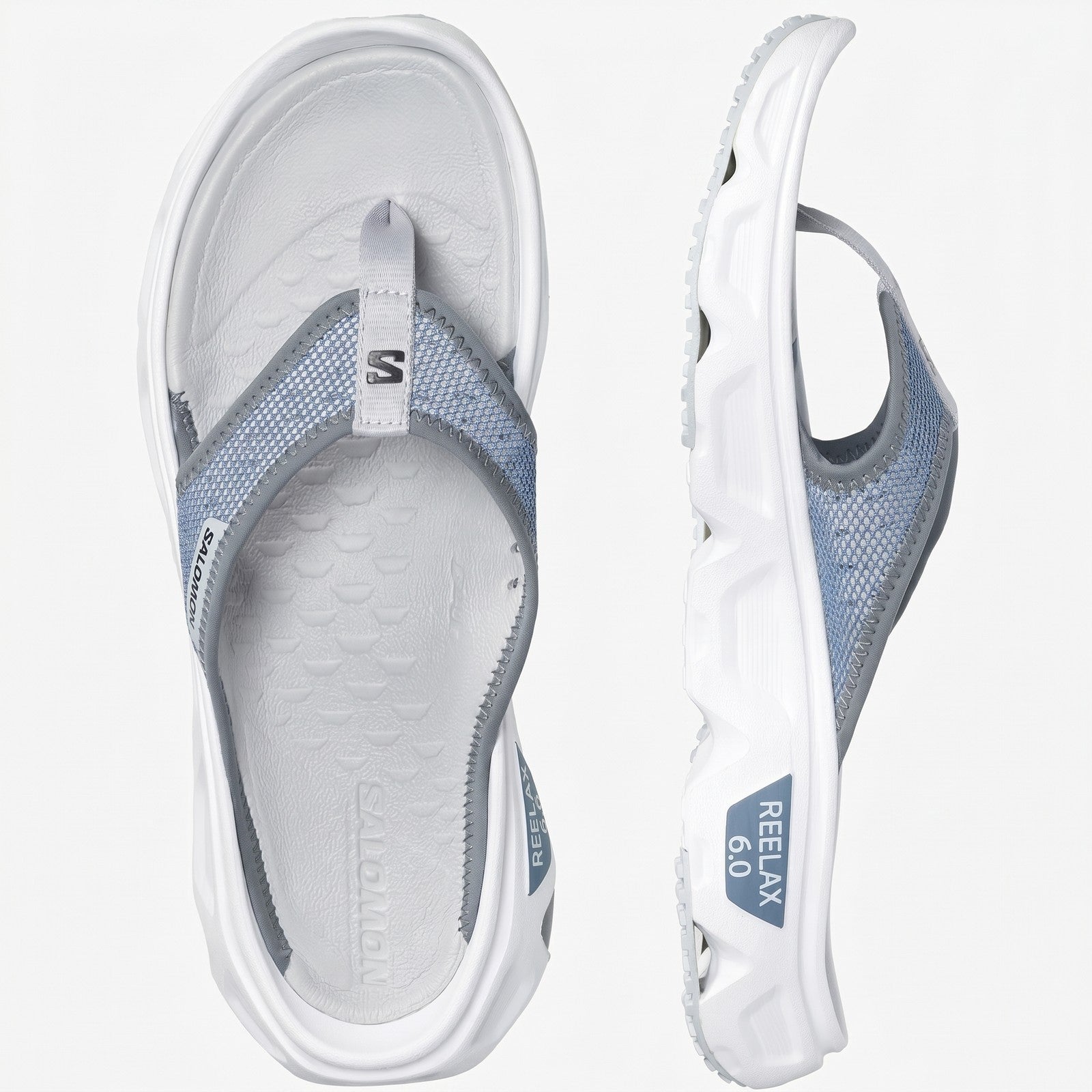 Salomon Reelax Break 6.0 men's comfort flip flops in blue ashes and white, shown in top and side view with mesh strap.