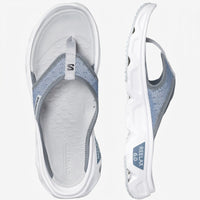 Salomon Reelax Break 6.0 men's comfort flip flops in blue ashes and white, shown in top and side view with mesh strap.