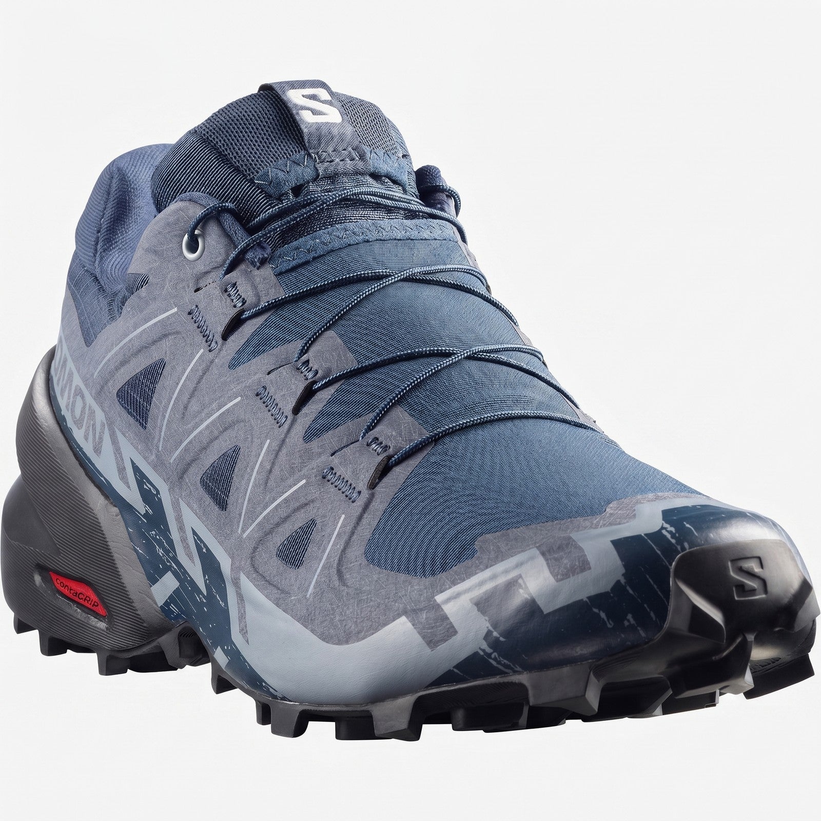Salomon Speedcross 6 W ladies sneaker in spellbound blue and black, close-up of mesh upper with quicklace