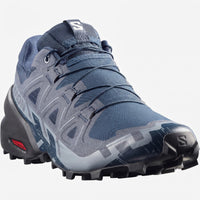 Salomon Speedcross 6 W ladies sneaker in spellbound blue and black, close-up of mesh upper with quicklace