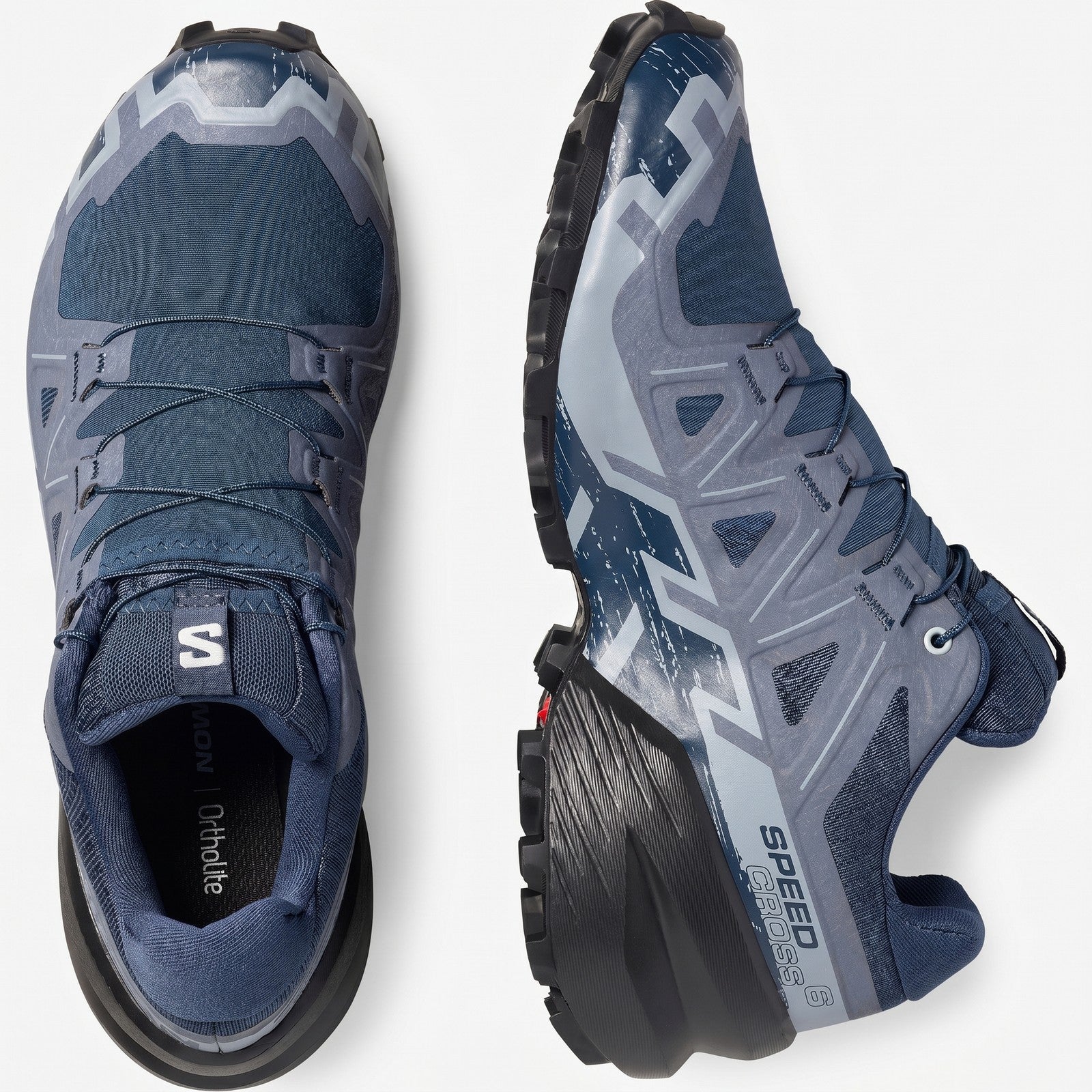 Salomon Speedcross 6 W ladies sneaker in Spellbound blue and black mesh, shown in top and side view.