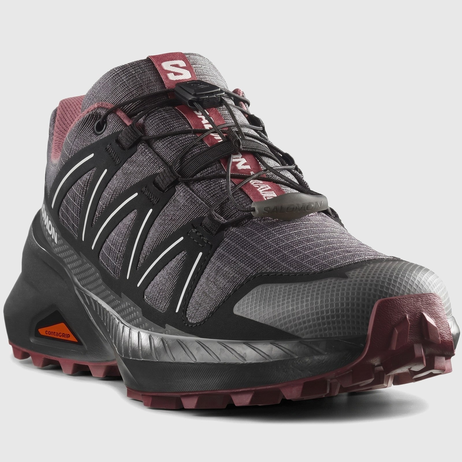 Salomon Speedcross Peak W ladies sneaker in asphalt black mesh with Quicklace system, side view trail outsole