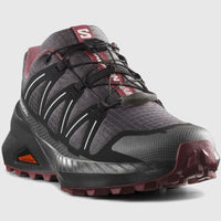 Salomon Speedcross Peak W ladies sneaker in asphalt black mesh with Quicklace system, side view trail outsole