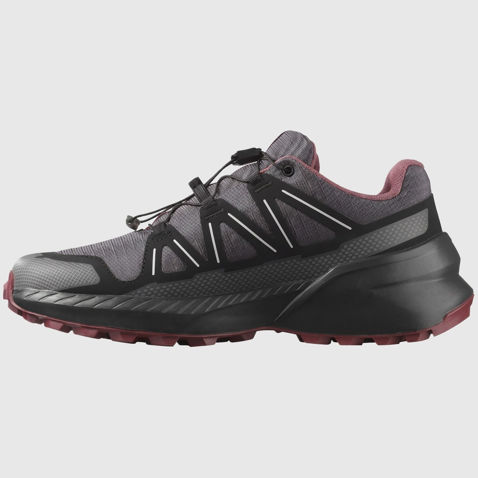 Salomon Speedcross Peak W ladies sneaker in asphalt black and nocturne, side view with quicklace trail sole.