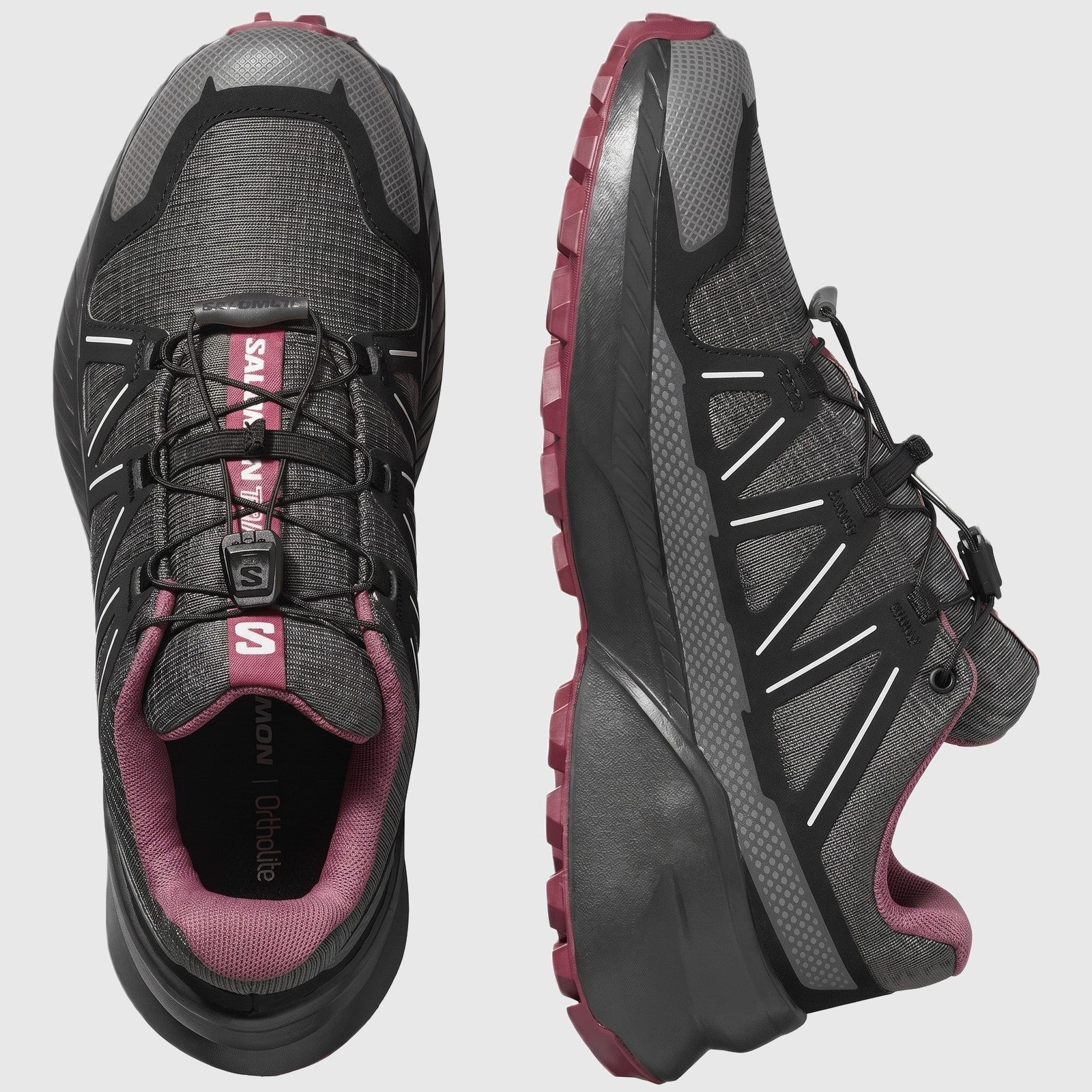 Salomon Speedcross Peak W ladies sneaker in asphalt black with pink accents, shown in top and side view.