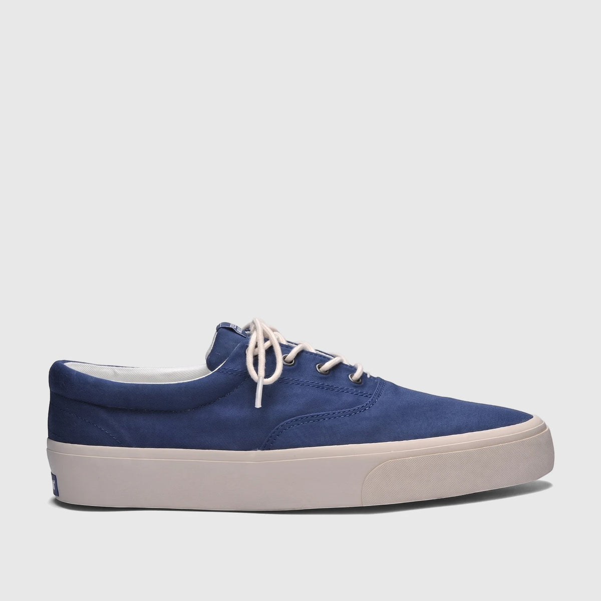Sebago Men's AL 75131SW 908 blue navy canvas sneaker with off-white laces and thick cream sole, side view.