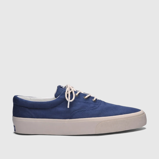 Sebago Men's AL 75131SW 908 blue navy canvas sneaker with off-white laces and thick cream sole, side view.