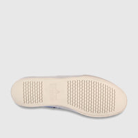 Bottom view of a Sebago Men's AL 75131SW 908 Blue Navy sneaker, showcasing its off-white sole with wavy traction patterns.