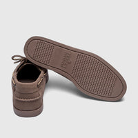 Pair of Sebago Men's Docksides Portland Nubuck boat shoes in total brown taupe, shown from a rear-angle view.