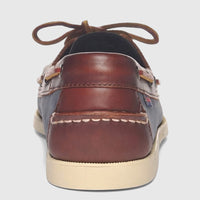 Sebago Men's Docksides Portland boat shoe, featuring blue nubuck and brown leather details, captured from the back view.