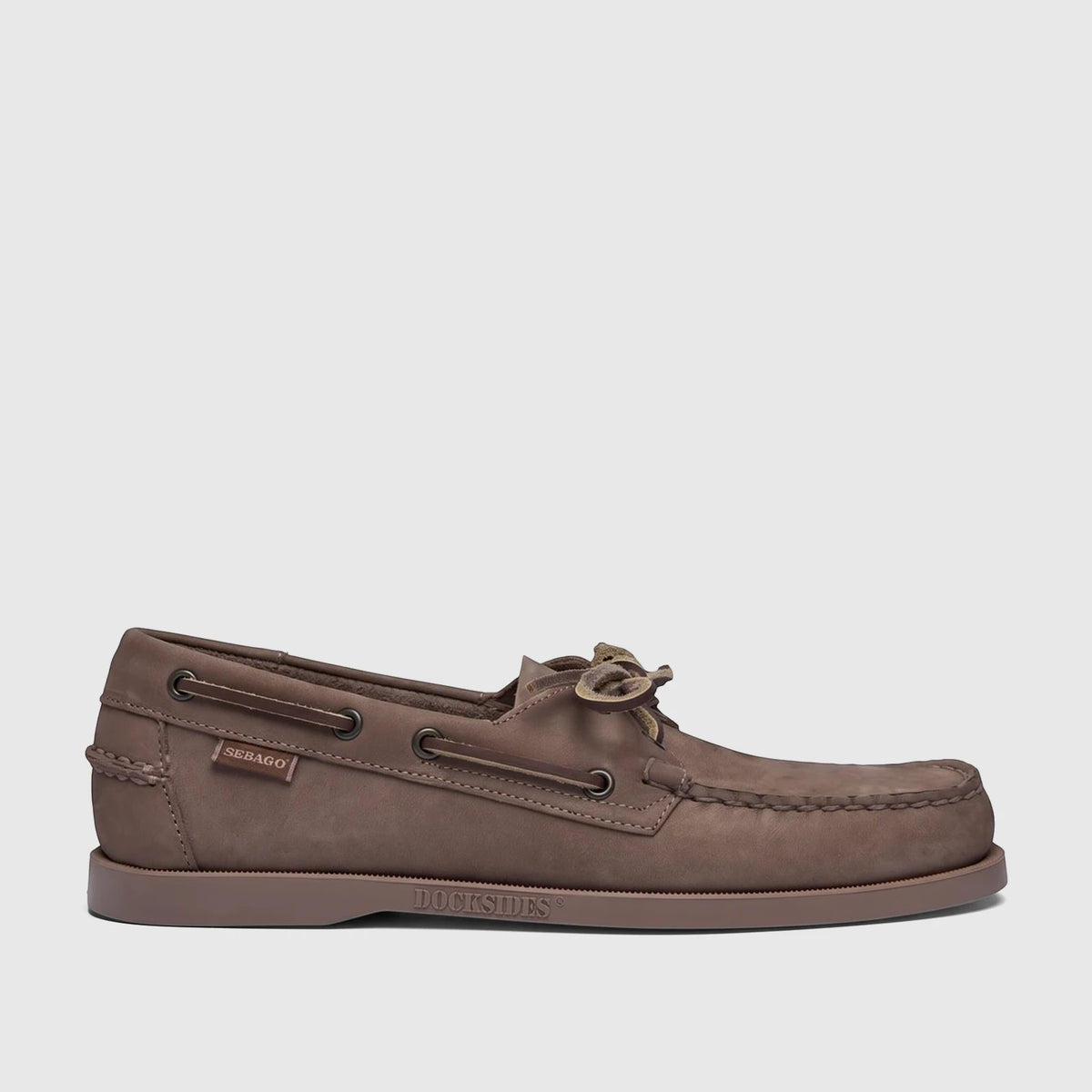 Brown Sebago Men's Docksides Portland Nubuck boat shoe, shown in a side view on a white background.
