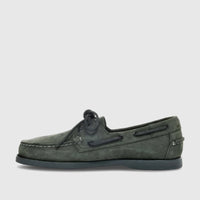 Men's Sebago Docksides Portland nubuck boat shoe in total dark grey, shown in a side profile view.