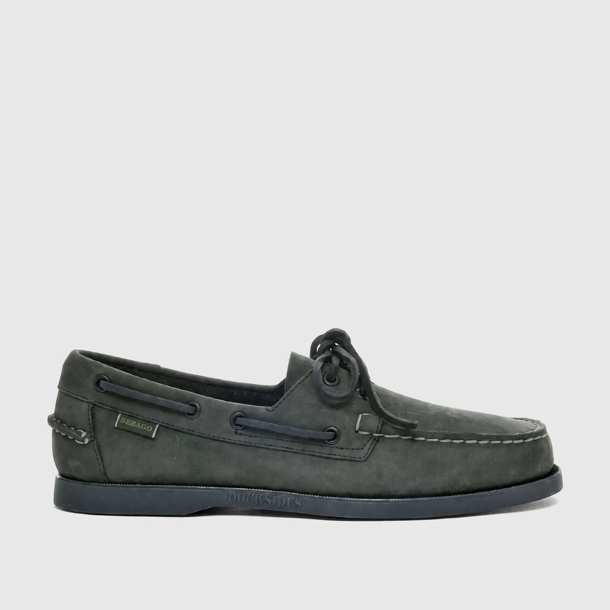 Sebago Men's Docksides Portland Nubuck boat shoe in total dark grey, displayed in a side view.