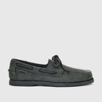 Sebago Men's Docksides Portland Nubuck boat shoe in total dark grey, displayed in a side view.