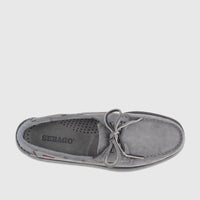 Top view of a single Sebago Men's Docksides Portland boat shoe in total mid grey nubuck with visible laces and stitching.