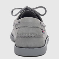 Sebago Men's Docksides Portland Nubuck boat shoes in mid-grey, rear view, with tied laces and a non-slip sole.