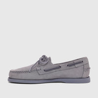 Side view of a Sebago Men's Docksides Portland nubuck boat shoe in mid grey, featuring classic lacing and a durable sole.
