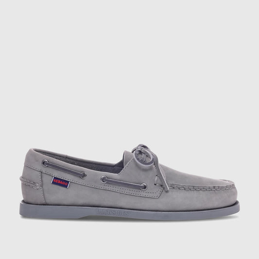 Men's Sebago Docksides Portland boat shoe in total mid-grey nubuck leather, viewed from the side with intricate lacing