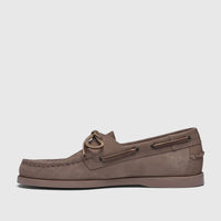 Sebago Men's Docksides Portland boat shoe in total brown taupe nubuck leather, featuring leather laces and a sturdy sole,