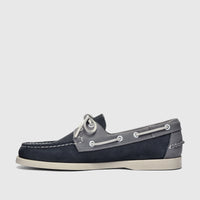 Sebago Men's Portland Spinnaker boat shoe in navy and grey nubuck with white laces and an off-white sole, shown from the