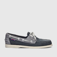 Sebago Men's Portland Spinnaker nubuck boat shoe in navy and grey, displayed in a side profile view.