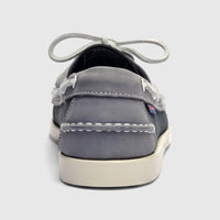 Sebago Men's Portland Spinnaker Nubuck boat shoe in navy grey with white laces, shown from the back view.