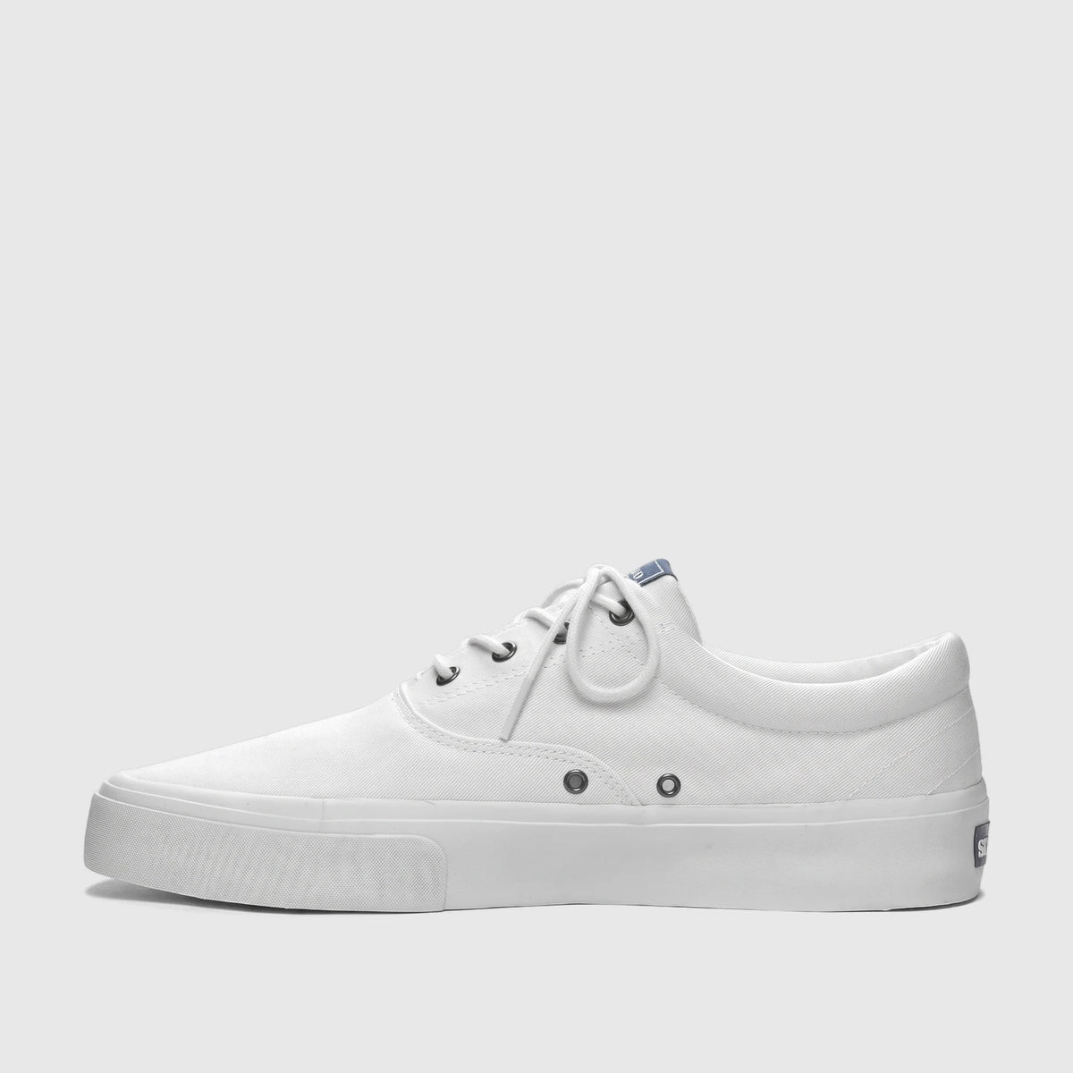 Men's Sebago AL 75131SW 911 white canvas sneaker with white laces and dark eyelets, displayed in a clean side profile.
